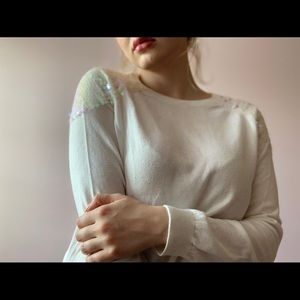 Iridescent Sequined-Shouldered White Sweater